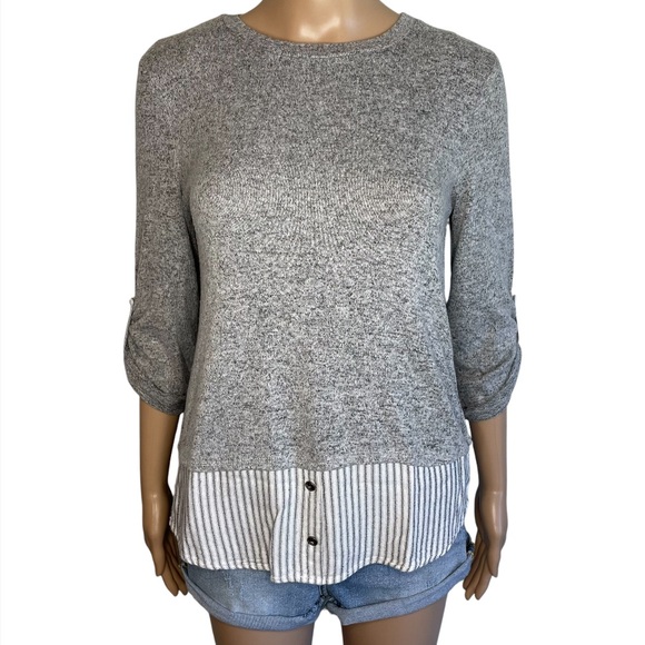 Monteau Sweaters - Monteau Preppy Classic Gray Crewneck Roll Tab Layered Sweater Top Blouse
